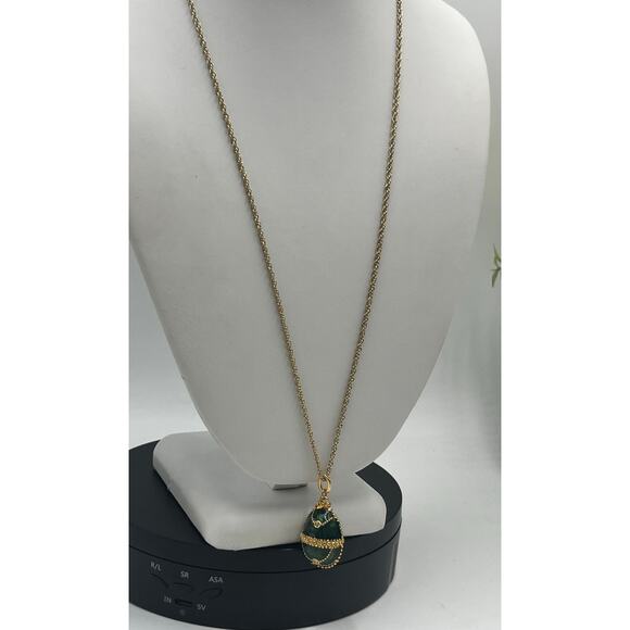 Vintage Green Guilloché Enamel Crystal Egg Gold Plated Pendant Necklace - Picture 2 of 6